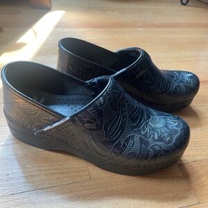 Dansko Black Tooled Leather Clogs